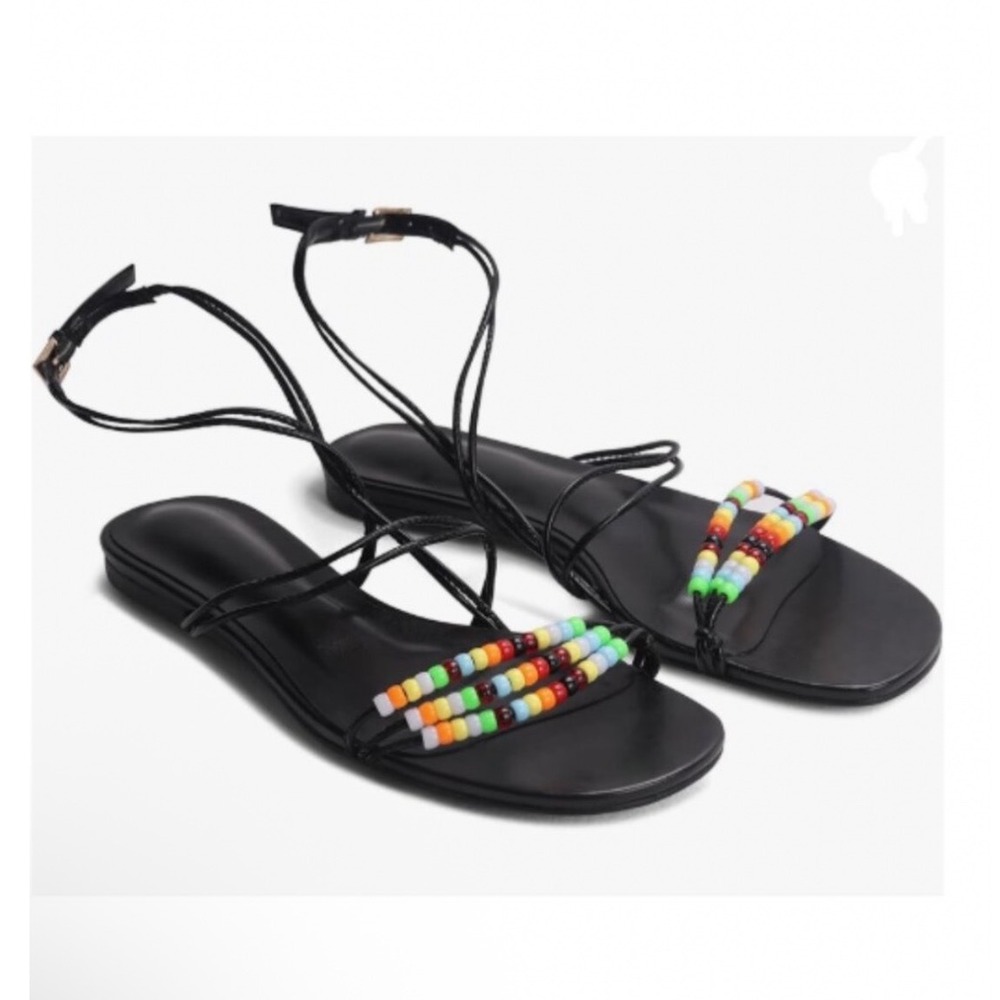 Miss Left Womens Black Beaded Strappy Flat Sandals Square Toe Ankle Wrap Boho
